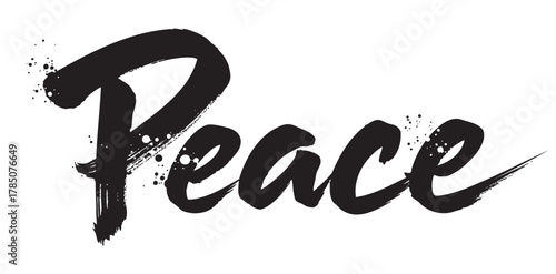 Bold and artistic brushstroke lettering of the word "peace" in black, conveying a message of tranquility and harmony.