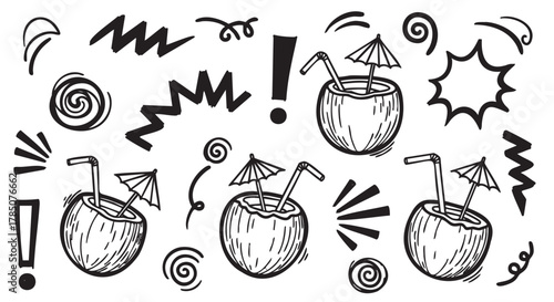 Hand-drawn black and white doodle art of tropical coconuts with straws and umbrellas, surrounded by abstract shapes and swirls.