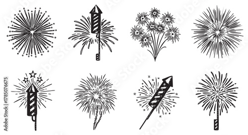 Black outline drawings of various fireworks including rockets, sparklers, and different bursting styles, illustrating celebration and excitement.