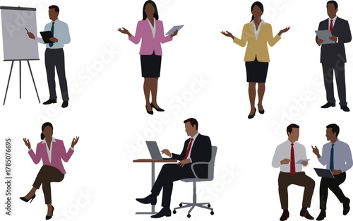 Business people working in office, presenting with flip chart, discussing teamwork, meeting collaboration, using laptop, corporate communication, training and professional workplace