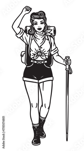 Black and white illustration of a young caucasian female hiker in vintage attire, wearing shorts and a blouse, holding a walking stick with a raised arm gesture.