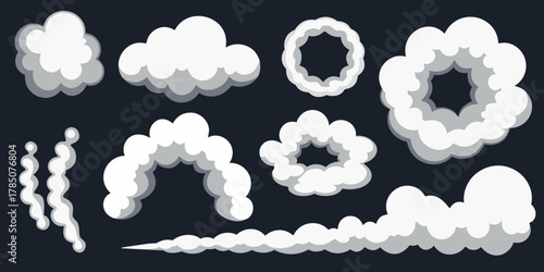 Collection of stylized cartoon smoke and cloud effects for animation and design