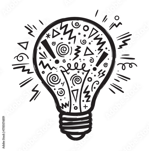 Black and white sketch of a light bulb filled with abstract geometric patterns and dynamic lines, conveying creativity and innovation.