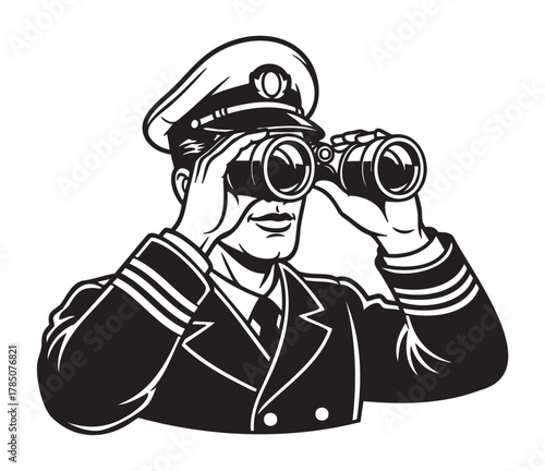Male ship captain in uniform, wearing a hat, looks through binoculars with a focused expression, depicted in a black outline style.