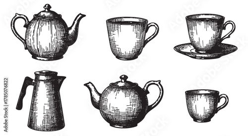 Hand-drawn black and white sketch of various tea and coffee cups and pots with intricate crosshatch shading.