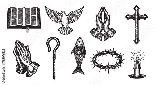 Black and white illustration of religious symbols including a bible, dove, cross, shepherd's staff, fish, crown of thorns, candle, and praying hands.