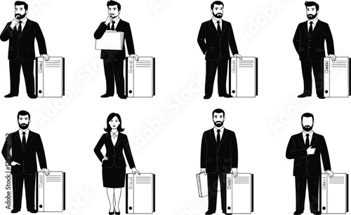 Business professionals illustration in formal suits standing with office file cabinet, corporate workers teamwork concept vector design for business content.