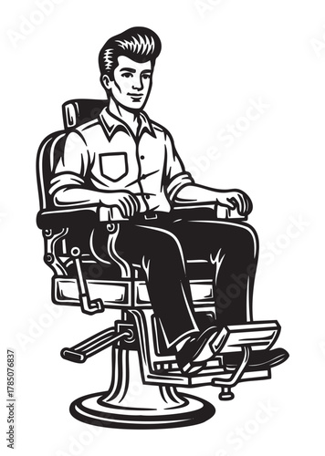 Black and white illustration of a young caucasian male sitting in a vintage barber chair, wearing a button-up shirt and smiling.