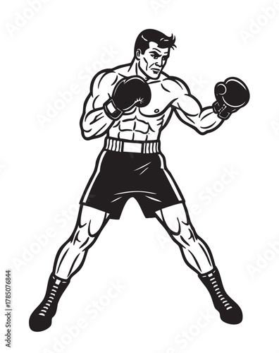 Black and white illustration of a muscular male boxer in a fighting stance, wearing boxing gloves and shorts, showcasing strong physique and determination.