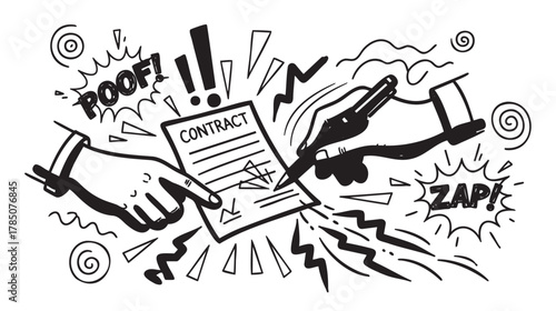 Two hands signing a contract on paper with animated text and dynamic lines, symbolizing excitement and movement in a comic-style design.