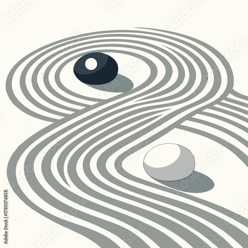 Abstract Zen garden with raked sand and two stones