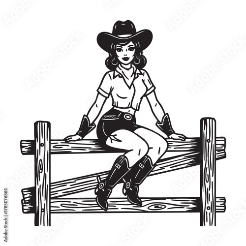 Young caucasian female dressed in a cowgirl hat and boots sitting confidently on a wooden fence, conveying a sense of strength and style.