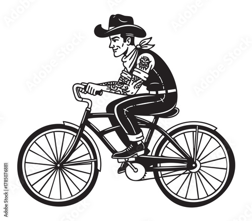 Black outline illustration of a man wearing a cowboy hat and tattoos, riding a bicycle with visible details of wheels and handlebar in profile view.