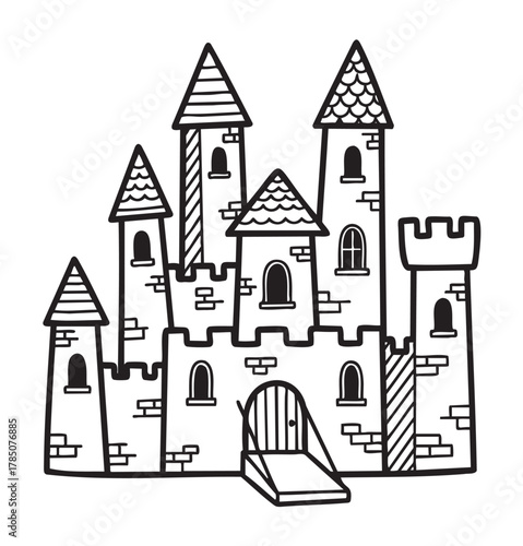 Black and white outline drawing of a medieval castle with turrets, battlements, and an arched wooden door, illustrating architectural elements.