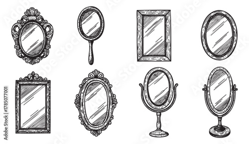 A collection of eight intricately designed mirrors, featuring both rectangular and oval shapes with ornate and simple frames.