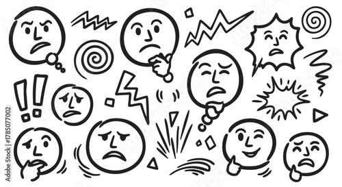 Black outline vector icons of various expressive face doodles, featuring emotions like confusion, surprise, worry, and thoughtfulness.