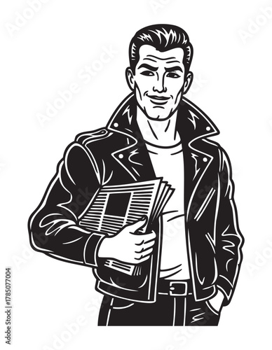 Black and white vector illustration of a caucasian male, young adult, wearing a leather jacket and holding a stack of newspapers, exuding a confident demeanor.