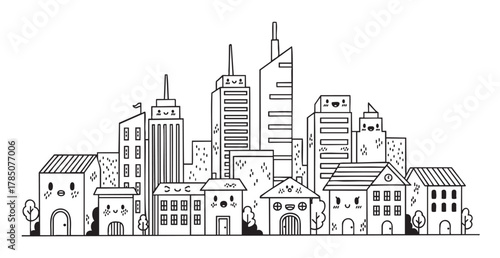 Black and white line drawing of an urban cityscape featuring numerous buildings of varying heights and styles, adorned with whimsical facial expressions and simple windows.