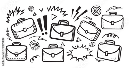 Black and white hand-drawn doodle illustration featuring multiple business briefcases surrounded by various dynamic abstract elements like exclamation marks and spirals.