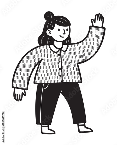 Black and white cartoon illustration of a young female character with long hair, wearing a sweater and waving.