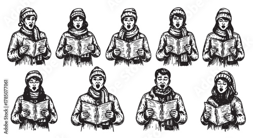 Black and white illustration of a diverse group of men and women dressed in winter attire, singing and holding sheet music, depicting a festive caroling scene.