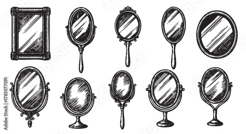 Hand-drawn black and white collection of various ornate and simple mirrors, including rectangular and circular shapes with decorative frames.
