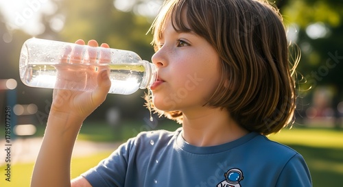 child boy kid drinking water from bottle pure clean health