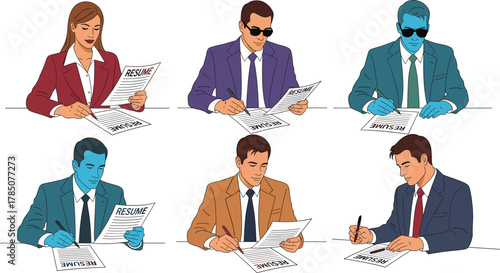 Business professionals reviewing resumes and job applications at recruitment process, corporate hiring and candidate evaluation concept vector illustration design