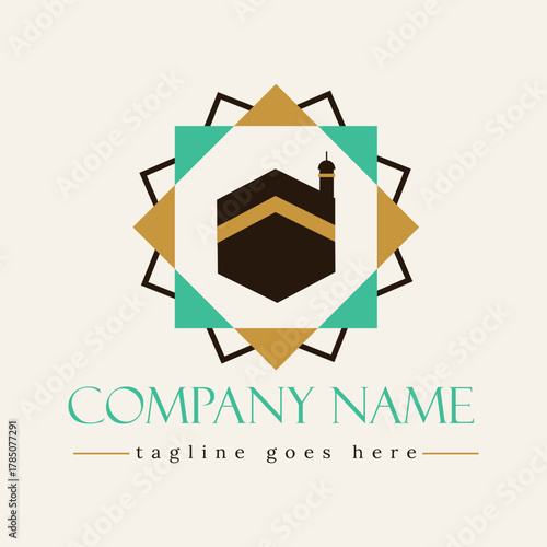 Islamic logo with Kaaba symbol with geometric mandala and text mecca mosque