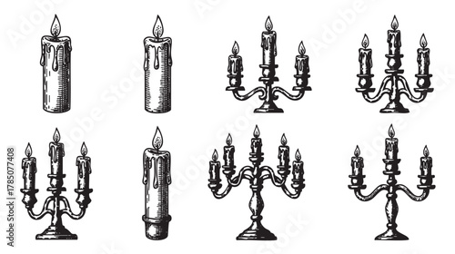 Black and white illustrations of dripping candles and ornate candelabras in various styles, depicting vintage and classic lighting elements.