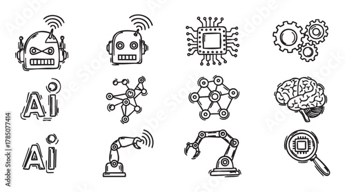 Set of hand-drawn technology icons including robots, ai text, neural networks, microchip, gears, a brain, and robotic arms.