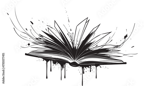 Black and white abstract illustration of an open book with ink splatters resembling dynamic motion and creativity.