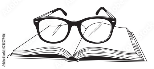 Black and white illustration of a pair of eyeglasses resting on an open book, symbolizing reading and knowledge.