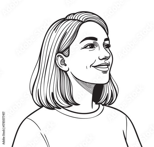 Black and white sketch of a young caucasian female with short hair, wearing a simple shirt, smiling while looking upward.