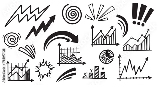 Hand-drawn black doodles of charts, arrows, and abstract symbols on a white background, signifying statistical data, movement, and dynamic design.