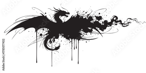 Black silhouette of a flying dragon with artistic splatters and ink blot effects, evoking a sense of mysticism and fantasy.