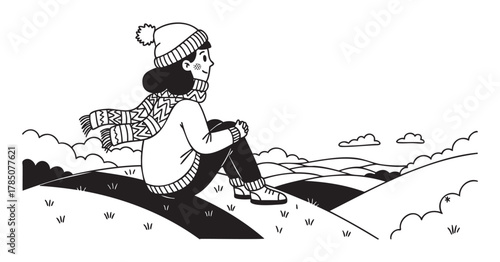 Young caucasian female sitting on a hilltop, wearing a winter hat and scarf, gazing at the scenic landscape in a black and white illustration.