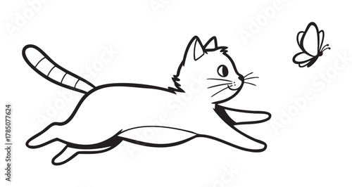 Black outline of a playful cat leaping towards a butterfly with enthusiasm and curiosity.