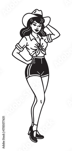 Black outline drawing of a young caucasian female in a vintage pin-up style, wearing a tied blouse, high-waisted shorts, and a cowboy hat.