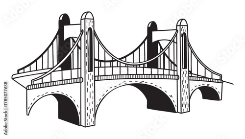 Black and white outline of a suspension bridge with arched supports and cables over a large body of water.