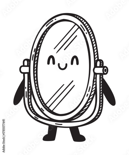 Simple black and white illustration of a cartoon smiling mirror with a rope-like frame, displaying a cheerful expression with closed eyes.