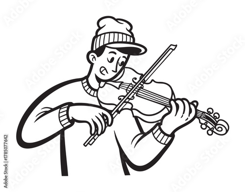 A young caucasian male playing a violin with enthusiasm, wearing a beanie and a sweater, depicted in a bold black outline drawing.