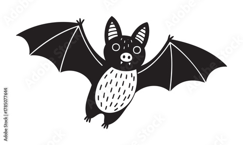 Black and white illustration of a cartoon bat with large eyes and outstretched wings, featuring simple patterns on its body.
