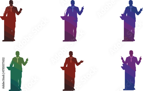 Business speakers presenting at podium, corporate leadership, public speaking, professional conference, motivational speech, press conference, training seminar, 