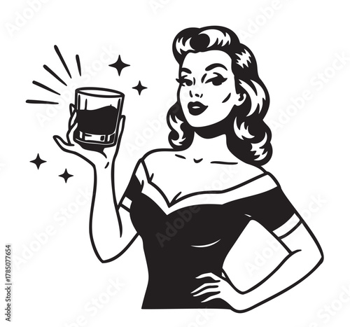 Vintage-style black and white illustration of a young caucasian woman holding a sparkling drink in her right hand, with stars surrounding the glass.