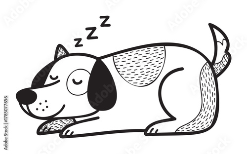 Black and white cartoon illustration of a sleeping dog with closed eyes and a wagging tail, surrounded by stylized zzz symbols indicating sleep.