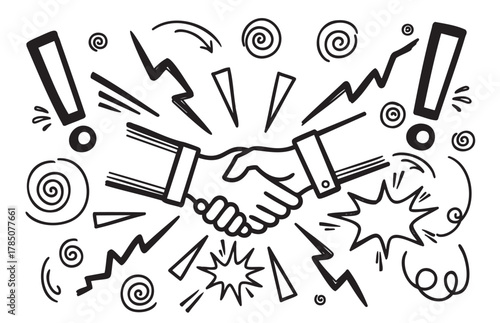 Black and white vector drawing of a handshake surrounded by exclamation marks, swirls, and abstract lines indicating excitement.