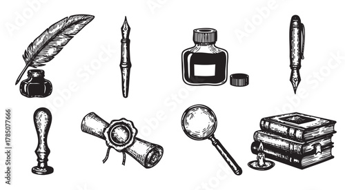 Vintage stationery set featuring a quill, ink pot, fountain pen, magnifying glass, seal, scroll with wax seal, and stack of books on white background.