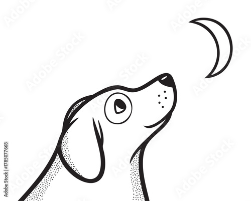 Black and white line drawing of a dog's head gazing upward towards a crescent moon, depicting curiosity and wonder.