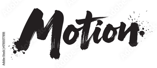 Bold black calligraphy lettering spelling the word "motion" with artistic ink splatters for a dynamic design effect.